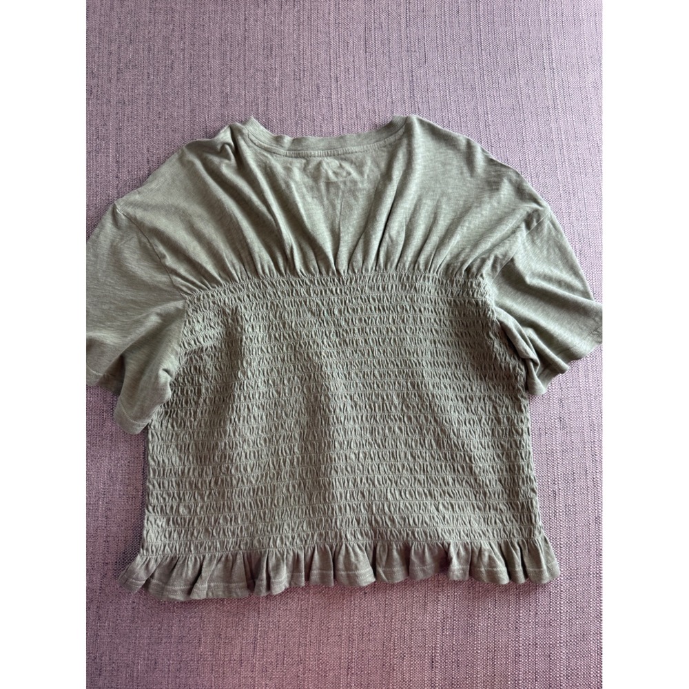 Aerie Womens XL Olive Green Smocked Ruffle Hem Short Sleeve Cotton Crop Top - Picture 6 of 9